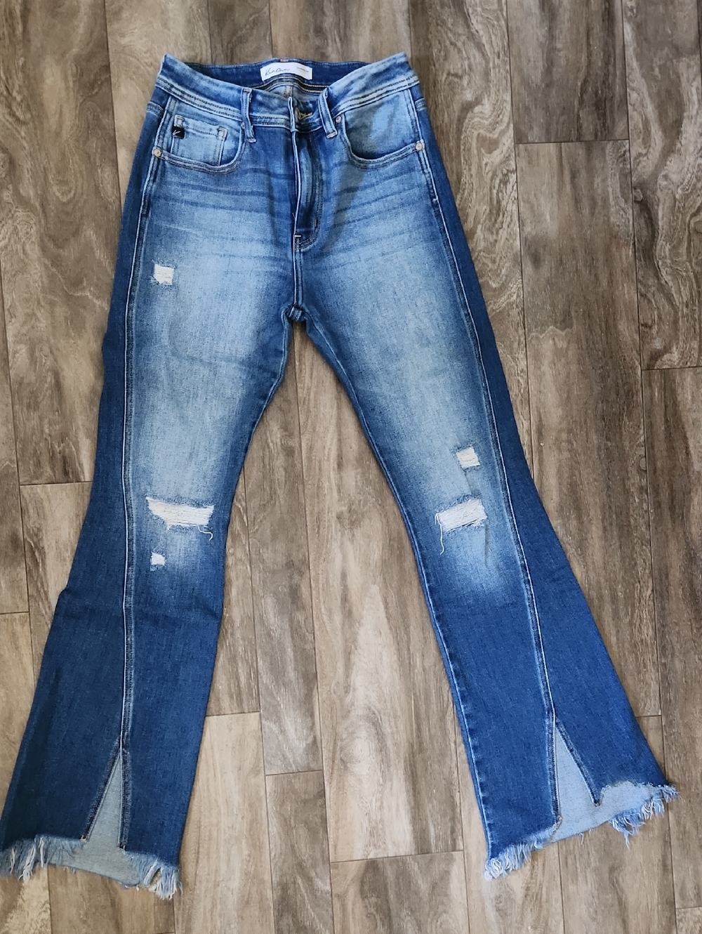 KanCan Two-Tone Distressed Flare Jeans in Light and Dark Blue